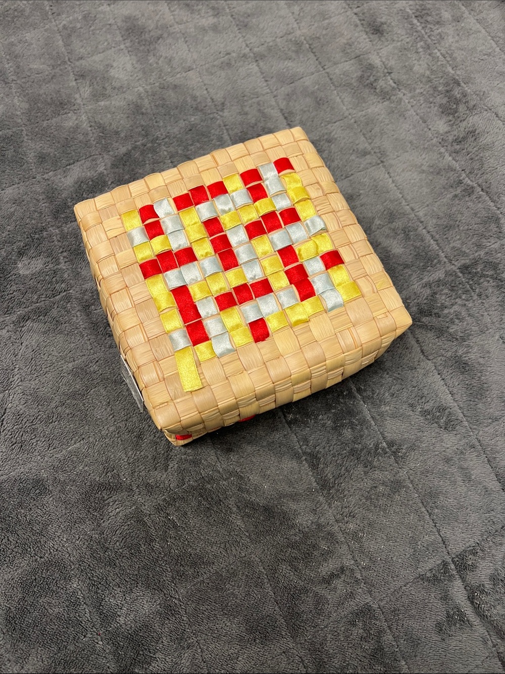 Handwoven Bamboo Box with Red, Yellow & Silver Ribbon Inlay
